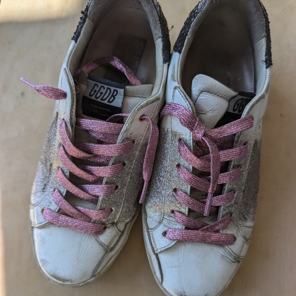 Golden Goose White and Silver Athletic Shoes with Pink Laces - Picture 1 of 6